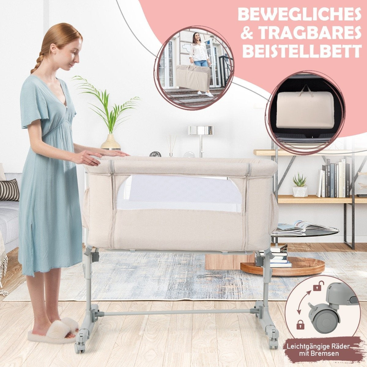3-in-1 Portable Baby Crib with Adjustable Height & Mesh