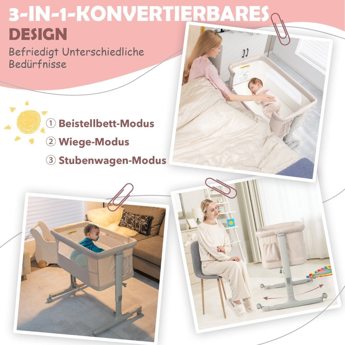 3-in-1 Portable Baby Crib with Adjustable Height & Mesh