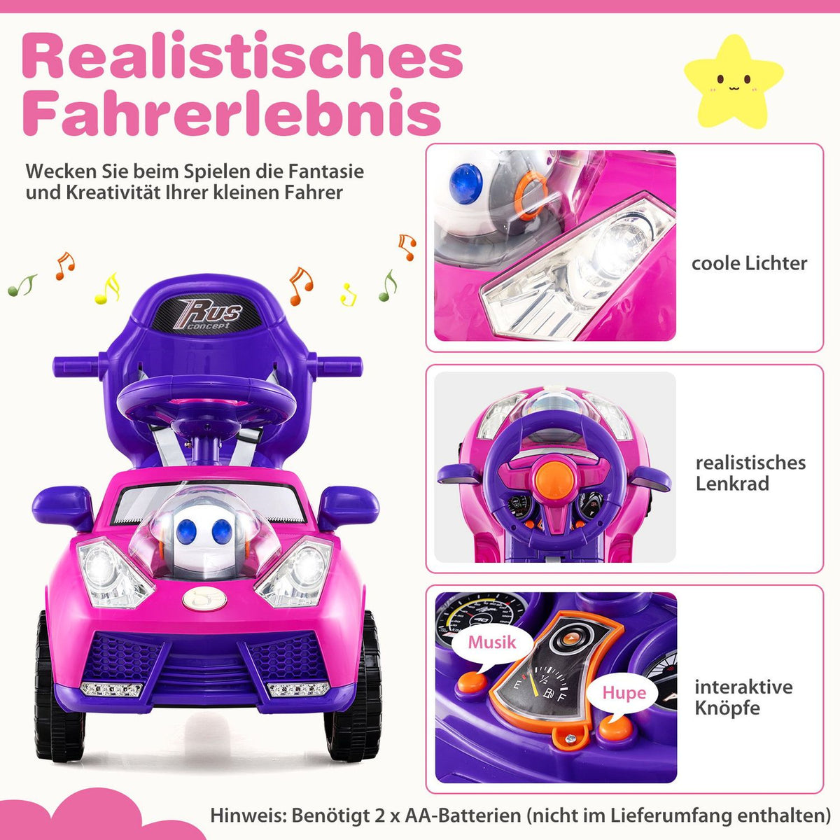 3-in-1 Ride-On Car with Push Handle and Storage, Pink
