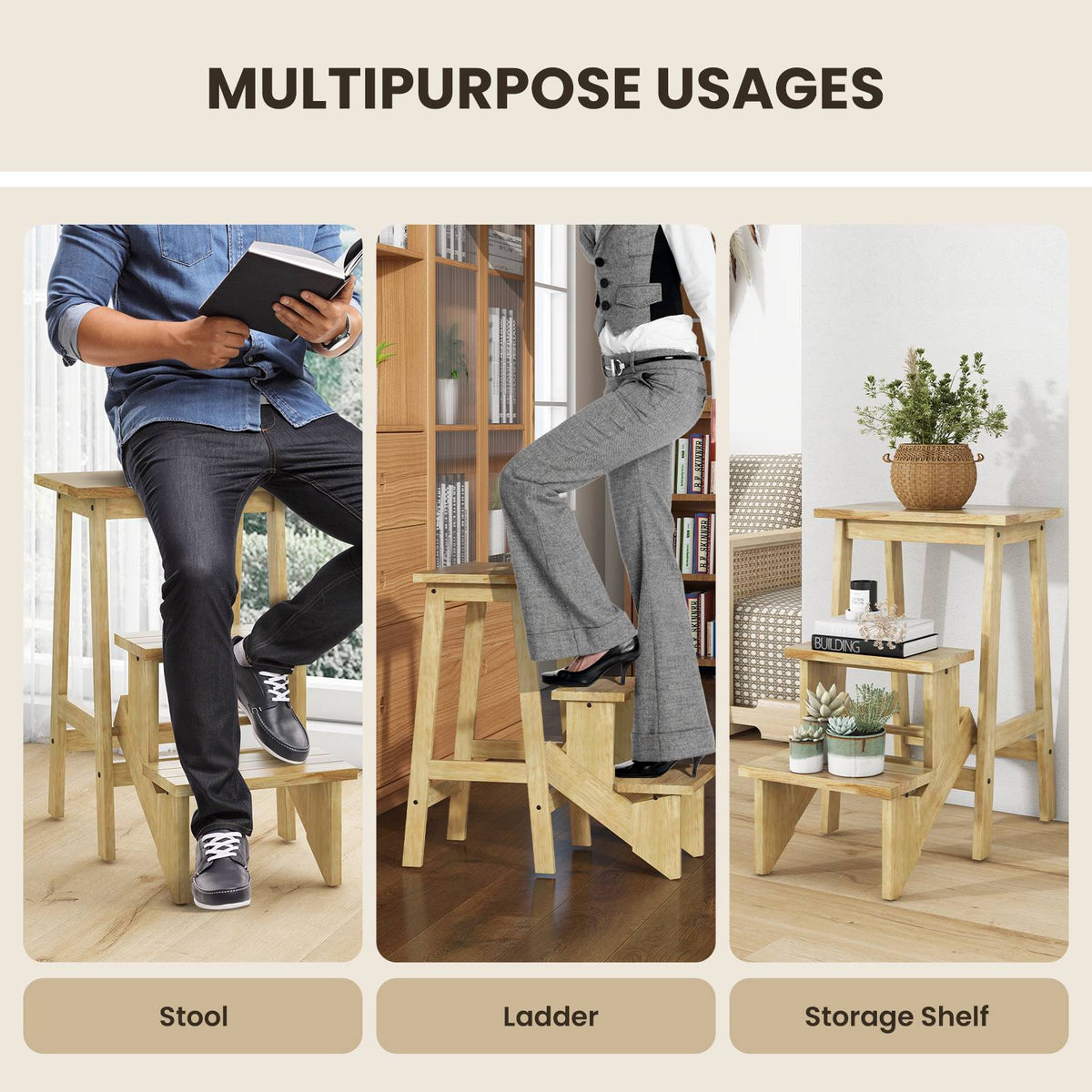 3-in-1 Rubber Wood Step Stool Ladder With Handle, 200 lb