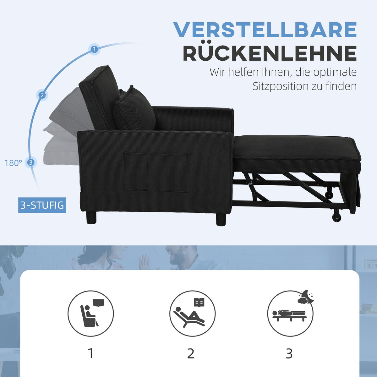 3-in-1 Sleeping Chair, Folding Bed with Bed Function, Lumbar Cushion, Folding Deck Chair with Adjustable Backrest, Wheels, Side Pocket, for Living Room, Corduroy, Black