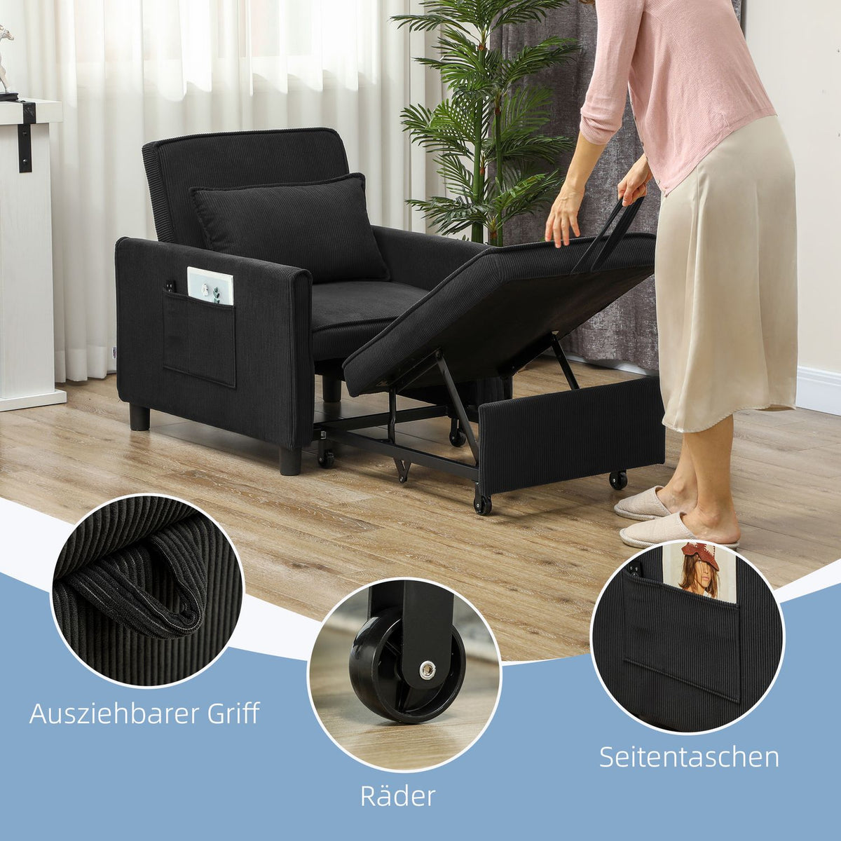 3-in-1 Sleeping Chair, Folding Bed with Bed Function, Lumbar Cushion, Folding Deck Chair with Adjustable Backrest, Wheels, Side Pocket, for Living Room, Corduroy, Black