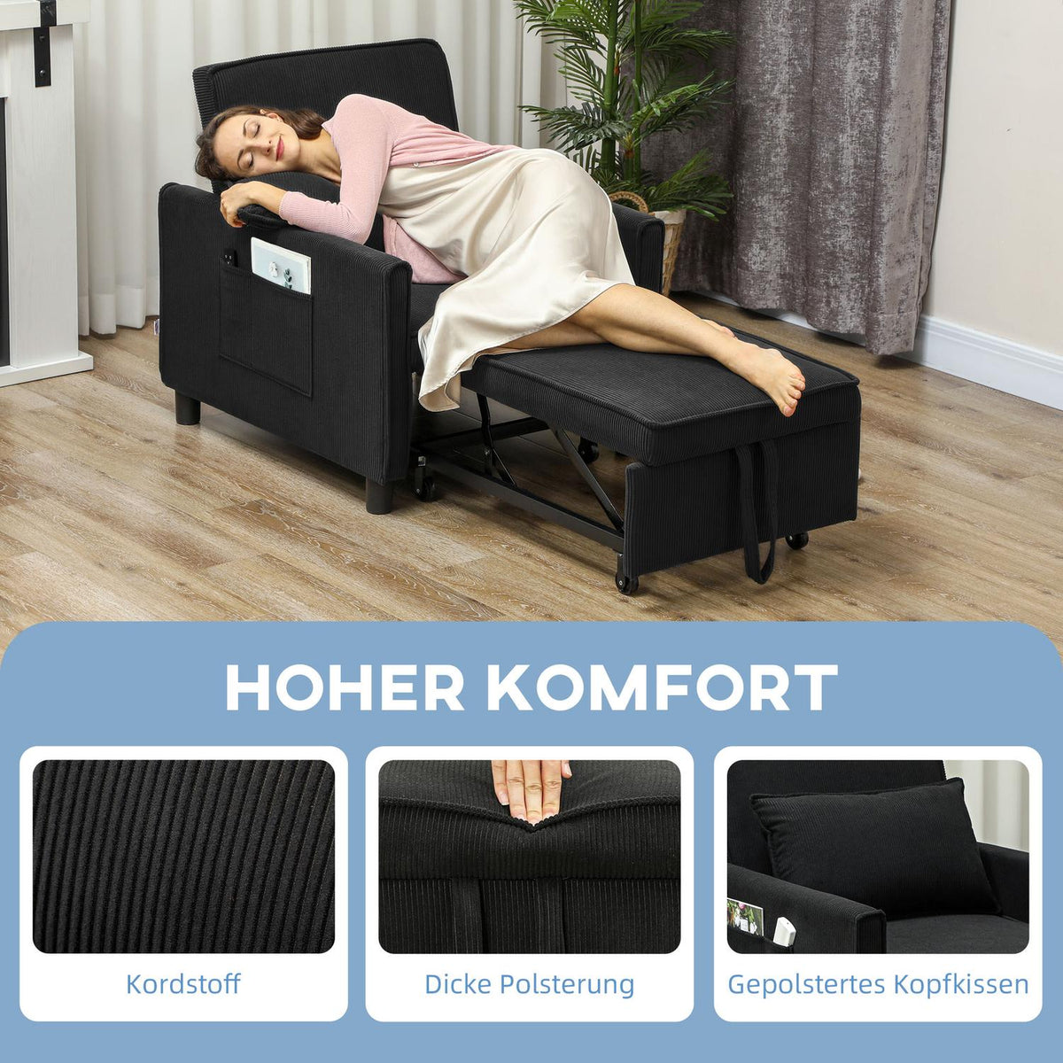 3-in-1 Sleeping Chair, Folding Bed with Bed Function, Lumbar Cushion, Folding Deck Chair with Adjustable Backrest, Wheels, Side Pocket, for Living Room, Corduroy, Black