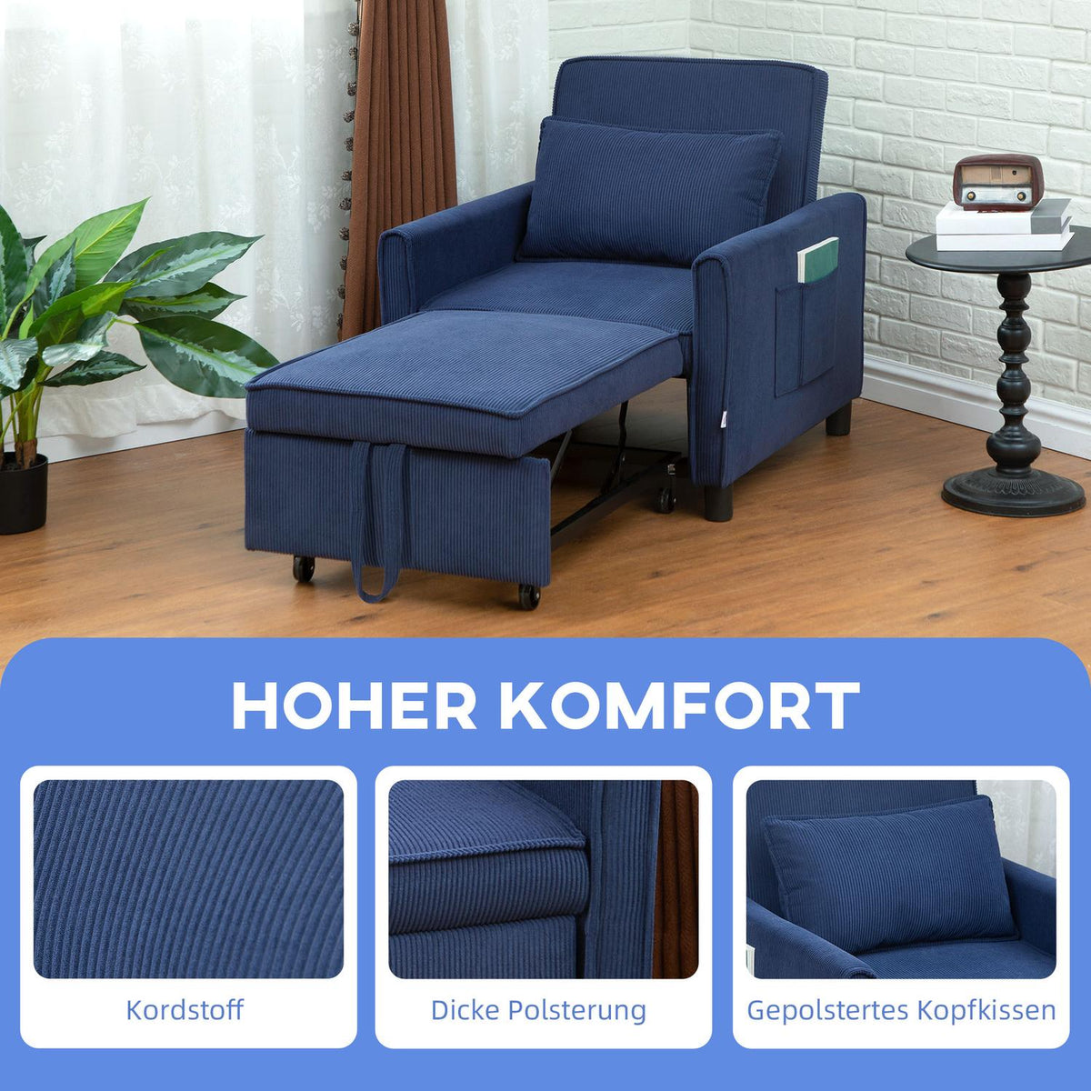 3-in-1 Sleeping Chair, Folding Bed with Bed Function, Lumbar Cushion, Folding Deck Chair with Adjustable Backrest, Wheels, Side Pocket, for Living Room, Corduroy, Blue