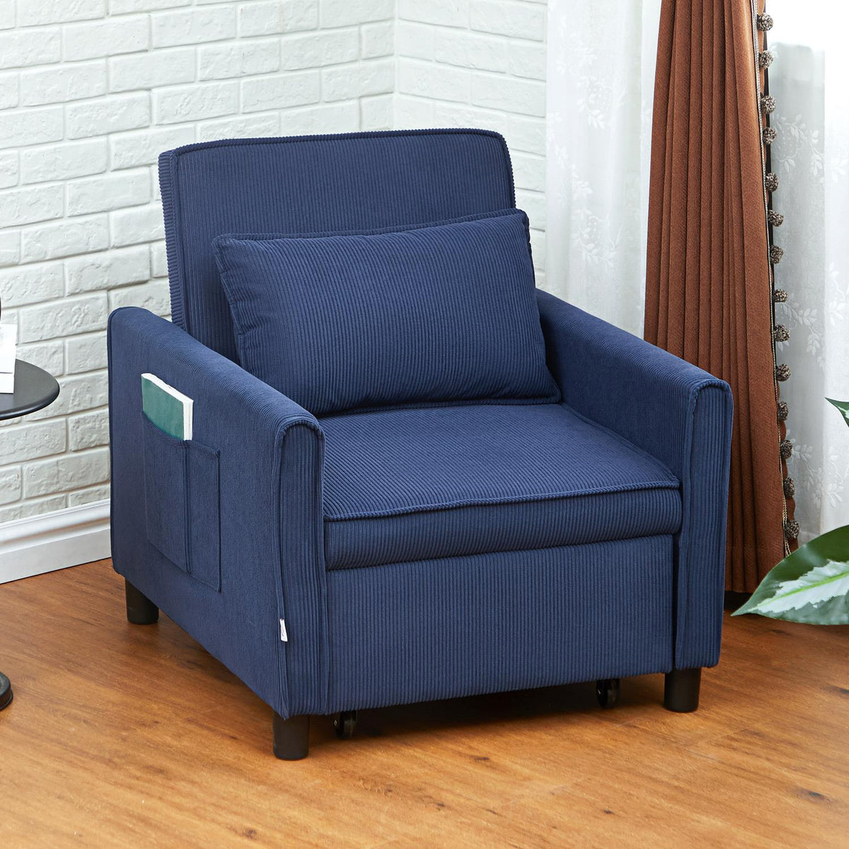 3-in-1 Sleeping Chair, Folding Bed with Bed Function, Lumbar Cushion, Folding Deck Chair with Adjustable Backrest, Wheels, Side Pocket, for Living Room, Corduroy, Blue