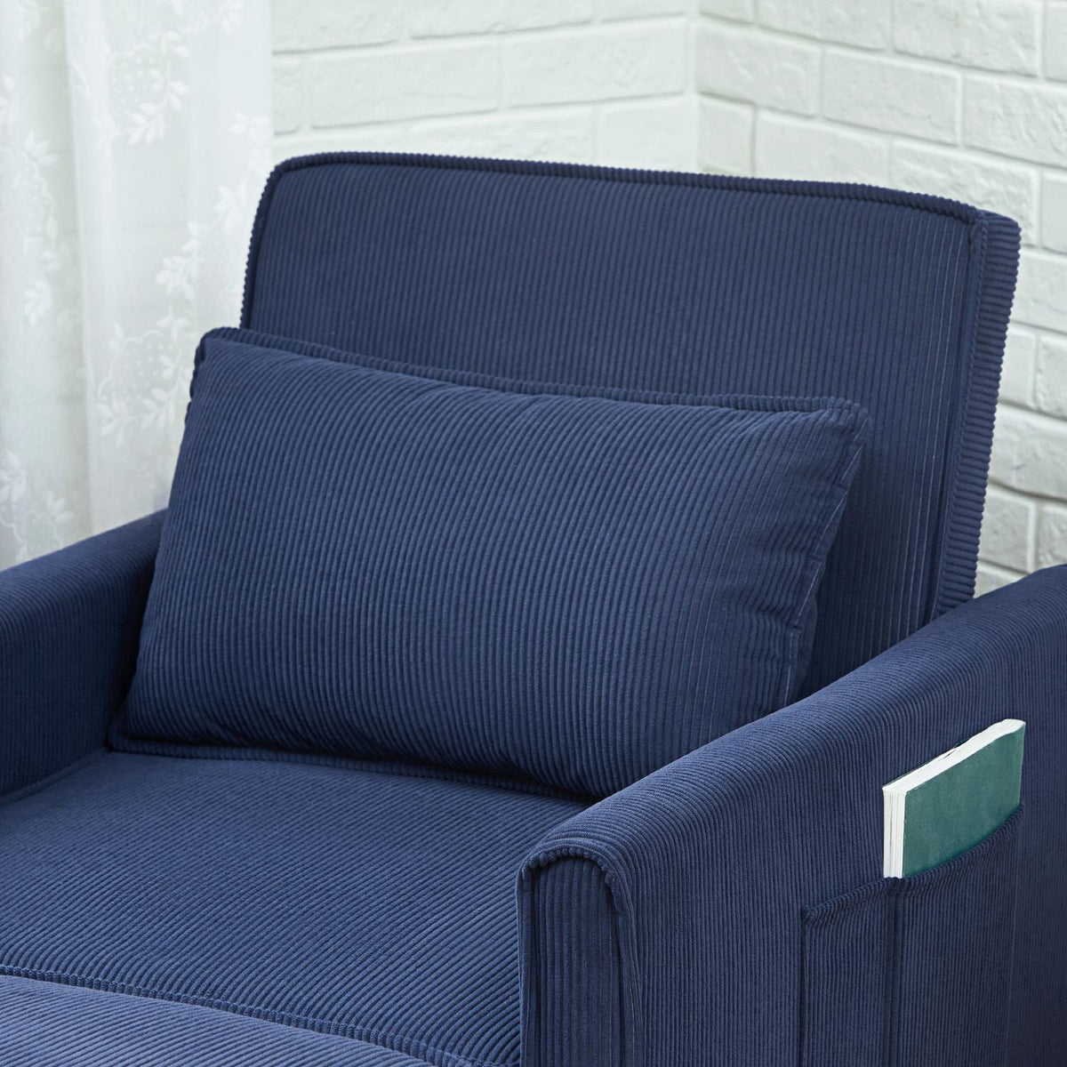 3-in-1 Sleeping Chair, Folding Bed with Bed Function, Lumbar Cushion, Folding Deck Chair with Adjustable Backrest, Wheels, Side Pocket, for Living Room, Corduroy, Blue