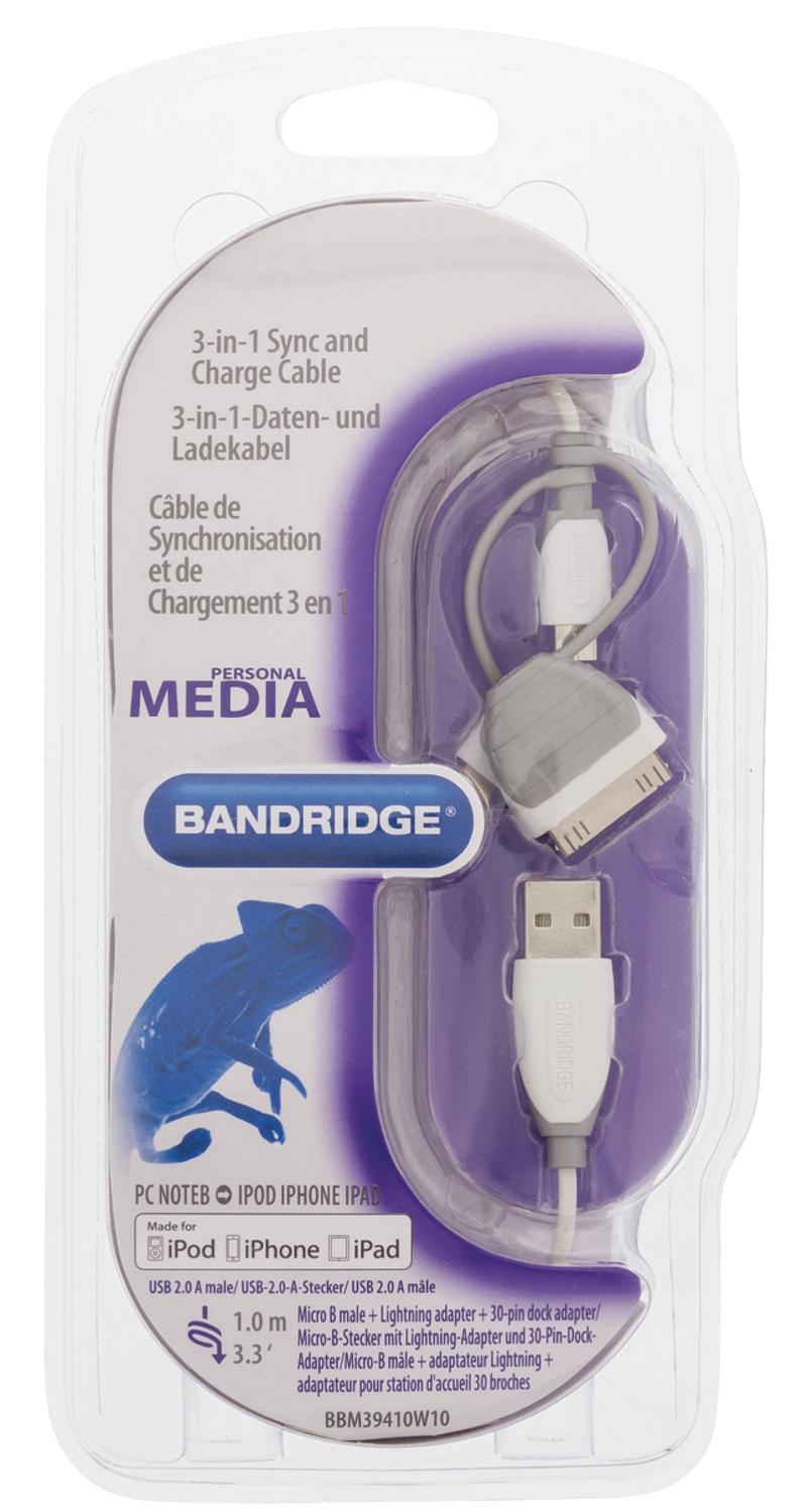 3-in-1 Sync and Charging Cable USB A male - Micro B male 1.00 m White