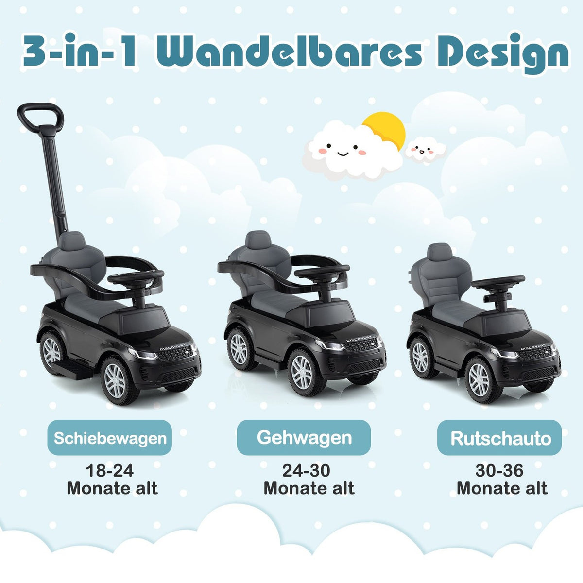 3-in-1 Toddler Ride-On Car with Removable Handle