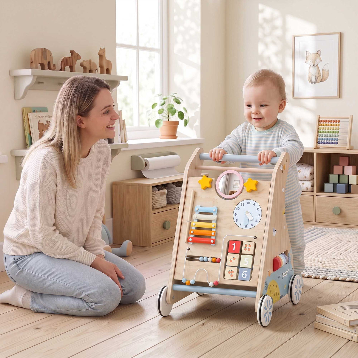 3-in-1 Wooden Baby Walker with Activity Board, Ages 1-3