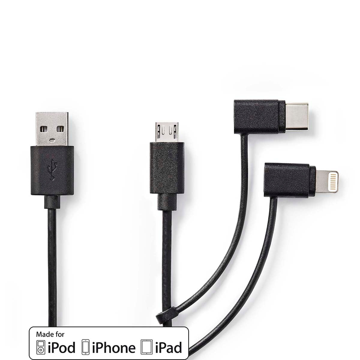 3 in 1 cable | USB 2.0 | USB-A Male | Apple Lightning, 8-pin / USB Micro-B Male / USB-C™ Male | 480 Mbps | 1.00 m | Nickel Plated | Round | PVC | Black | Label
