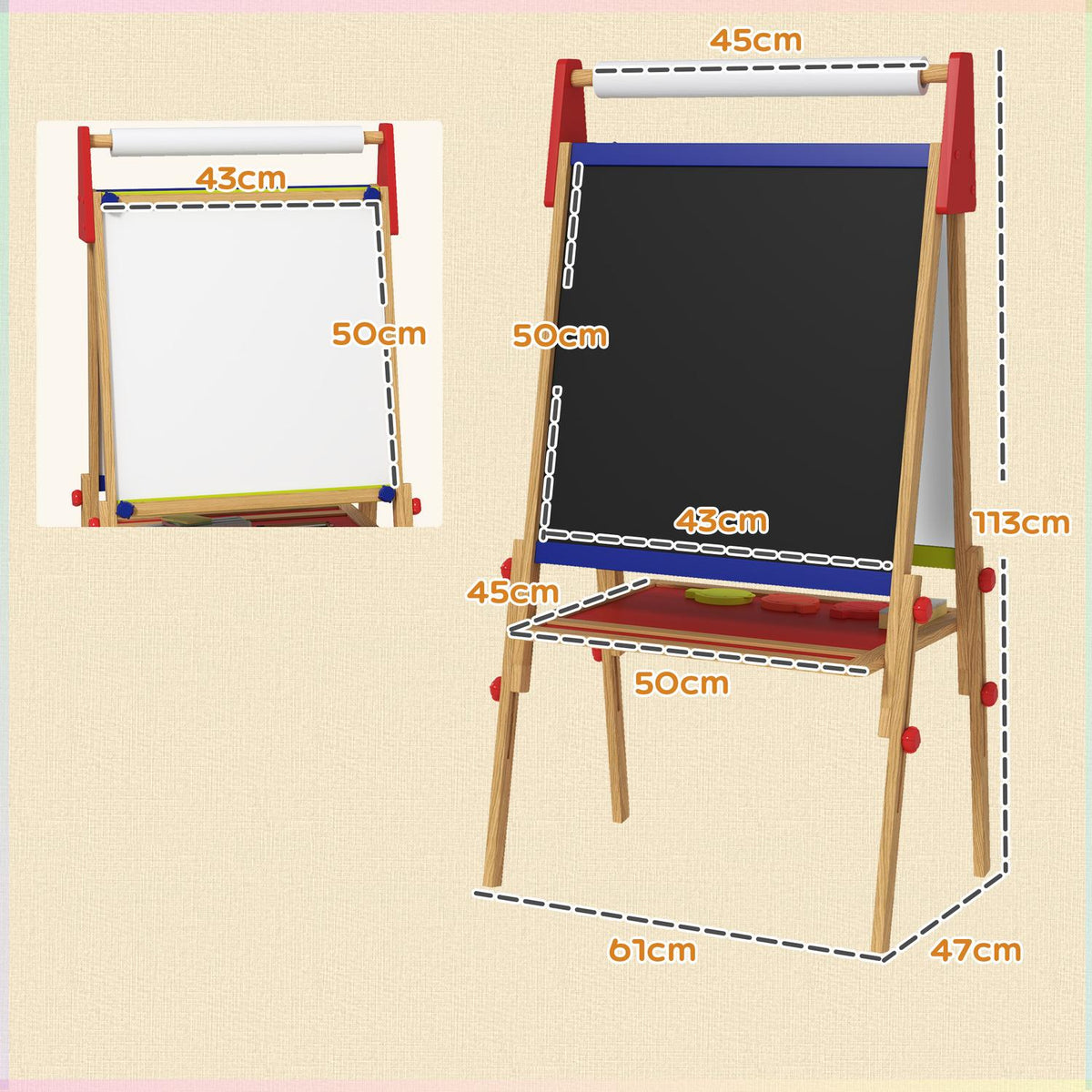 3-in-1 children's board height adjustable, double-sided children's easel with shelf, easel with paint cup, eraser, drawing paper, for children 3-8 years, natural wood