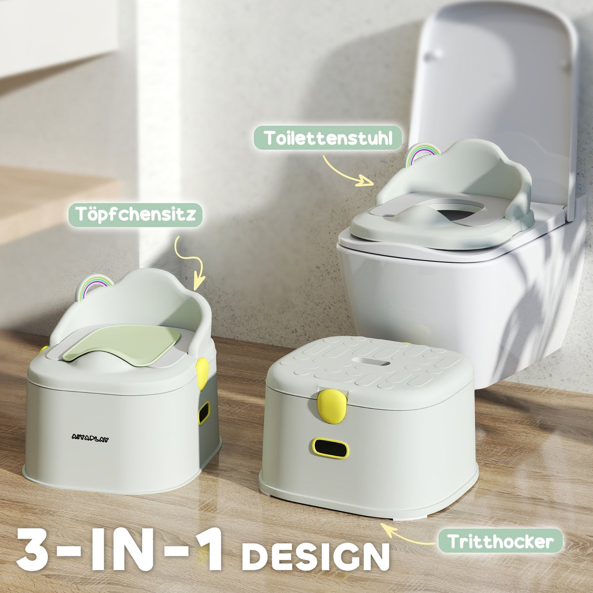 3-in-1 children's potty, removable children's potty, potty with handles, for children 6-72 months, load capacity up to 50 kg, plastic, faux leather, gray