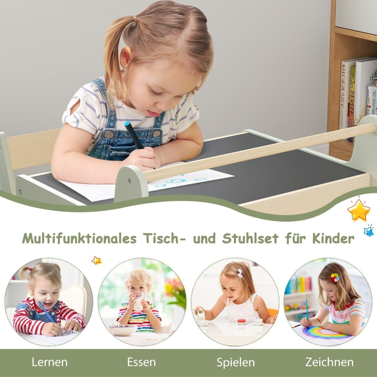 3 in 1 children's seating group made of wood, children's table with chair, children's painting table with reversible table top