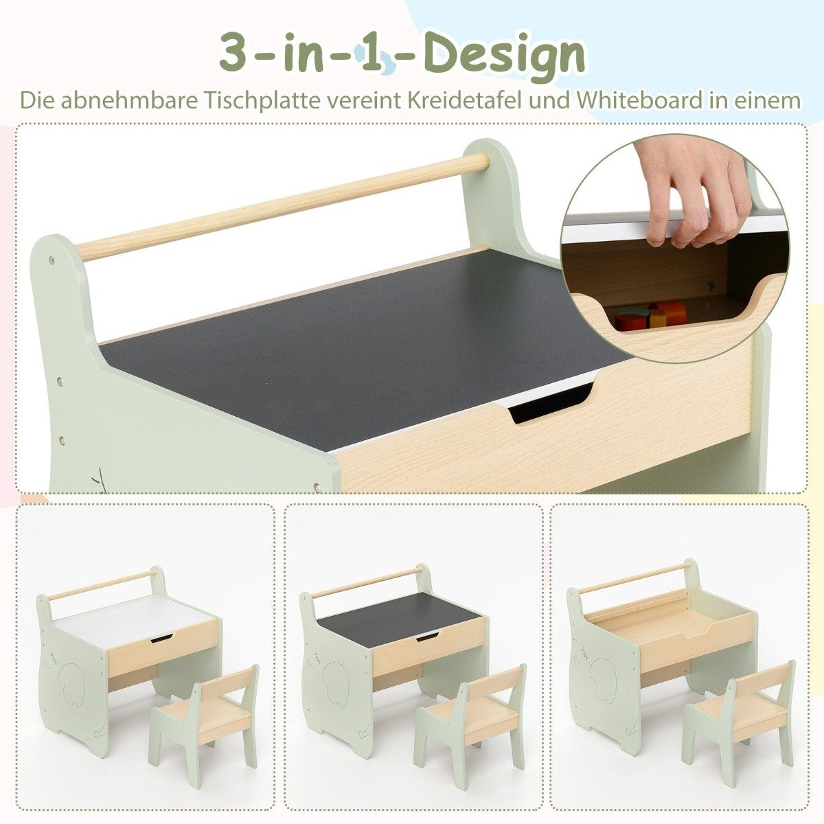 3 in 1 children's seating group made of wood, children's table with chair, children's painting table with reversible table top