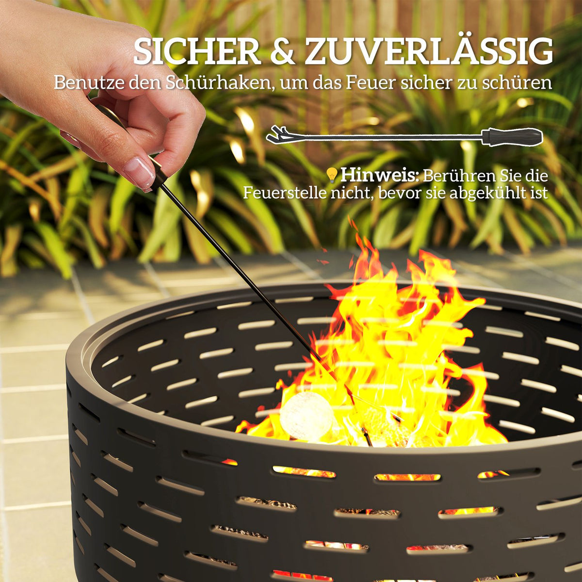 3-in-1 fire bowl Ø60 x 39cm made of stainless steel fire pit with grill grate poker spark protection in wood look fire bowls fire basket for garden, balcony terrace, outdoor BBQ camping charcoal gray