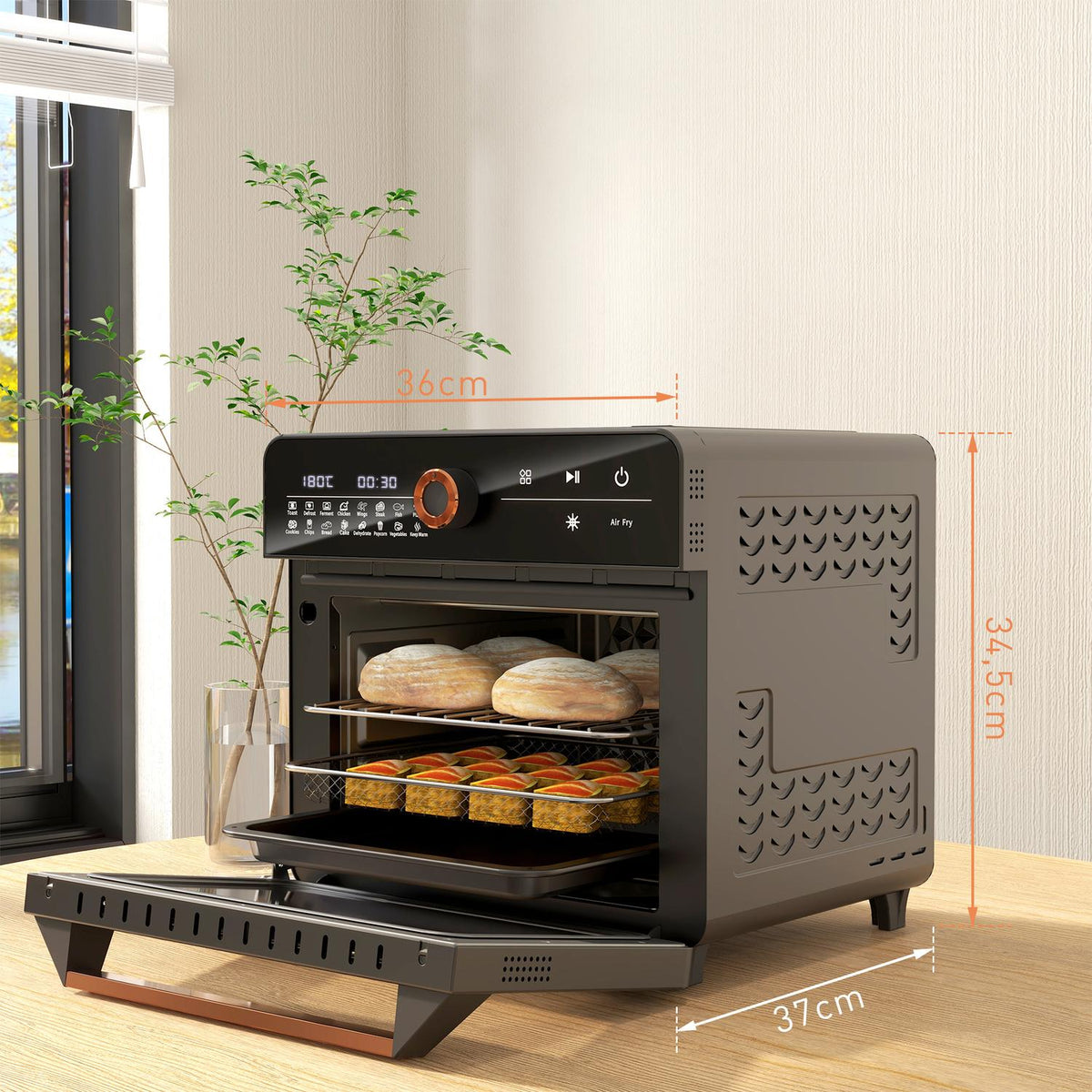 3 in 1 mini oven with circulating air, frying basket, timer, 40 °C-220 °C, 20L mini oven with grill rack, baking tray, crumb tray