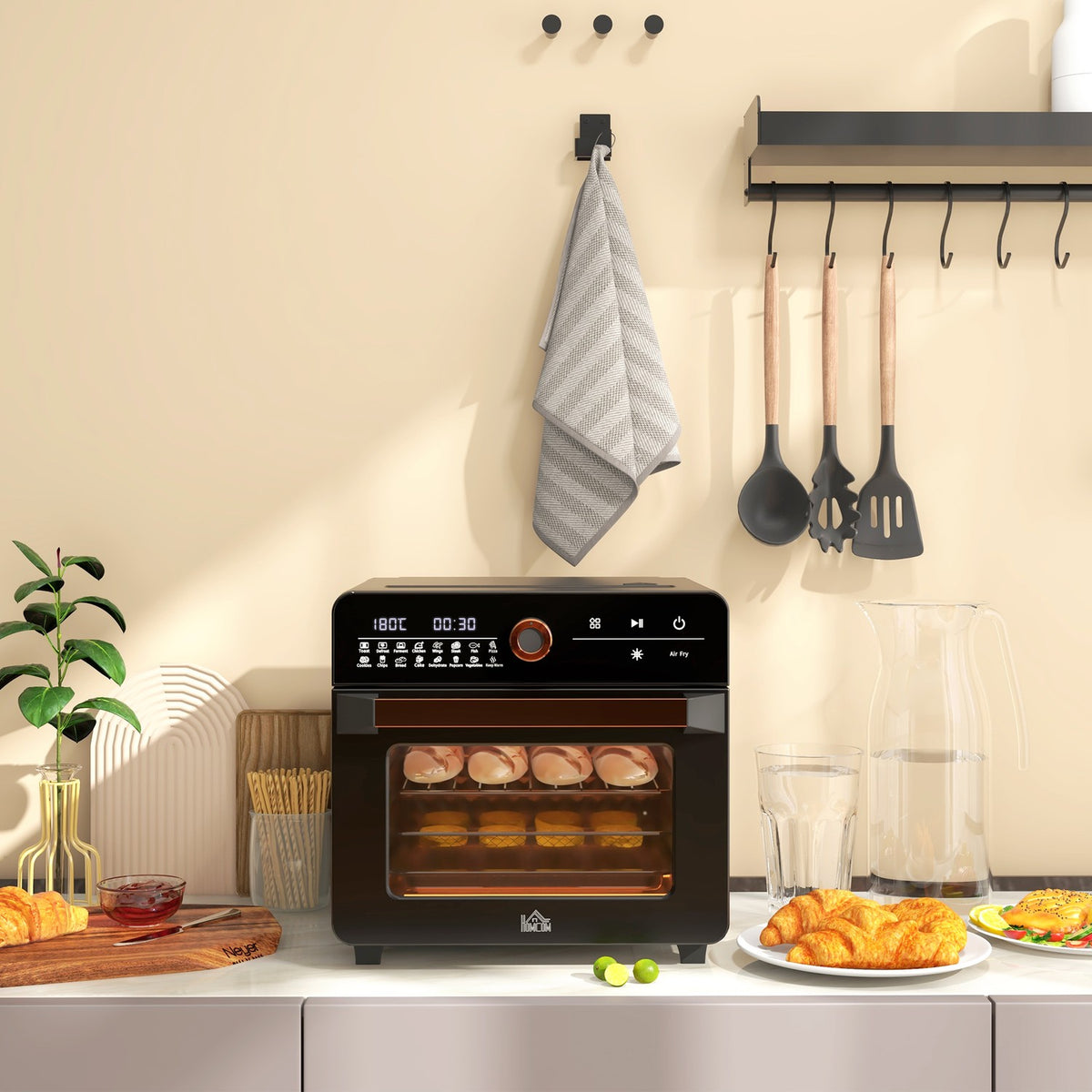 3 in 1 mini oven with circulating air, frying basket, timer, 40 °C-220 °C, 20L mini oven with grill rack, baking tray, crumb tray