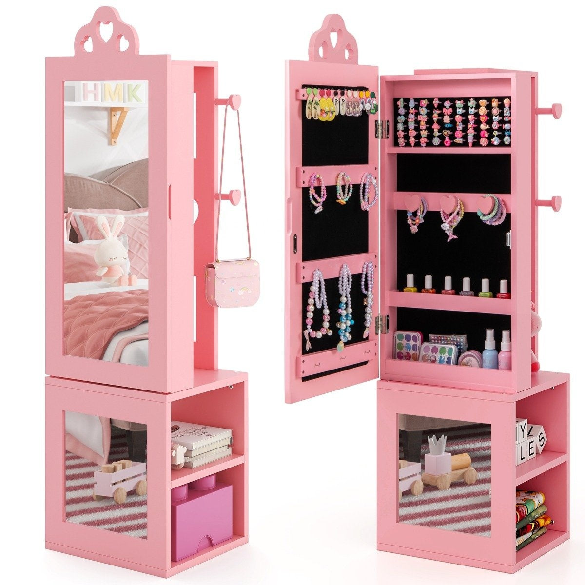 3 in 1 mirror cabinet with full length mirror & Clothes rack children's jewelry cabinet pink