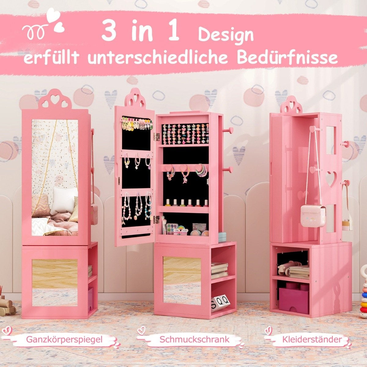 3 in 1 mirror cabinet with full length mirror & Clothes rack children's jewelry cabinet pink