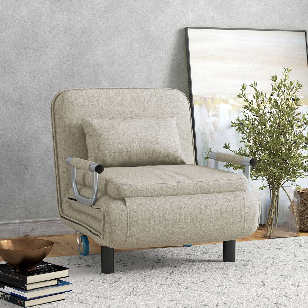 3 in 1 sleeping chair, sofa bed with bed function, folding chair with 3-level adjustable backrest, wheels, steel frame, 120kg load capacity, for living room, gray