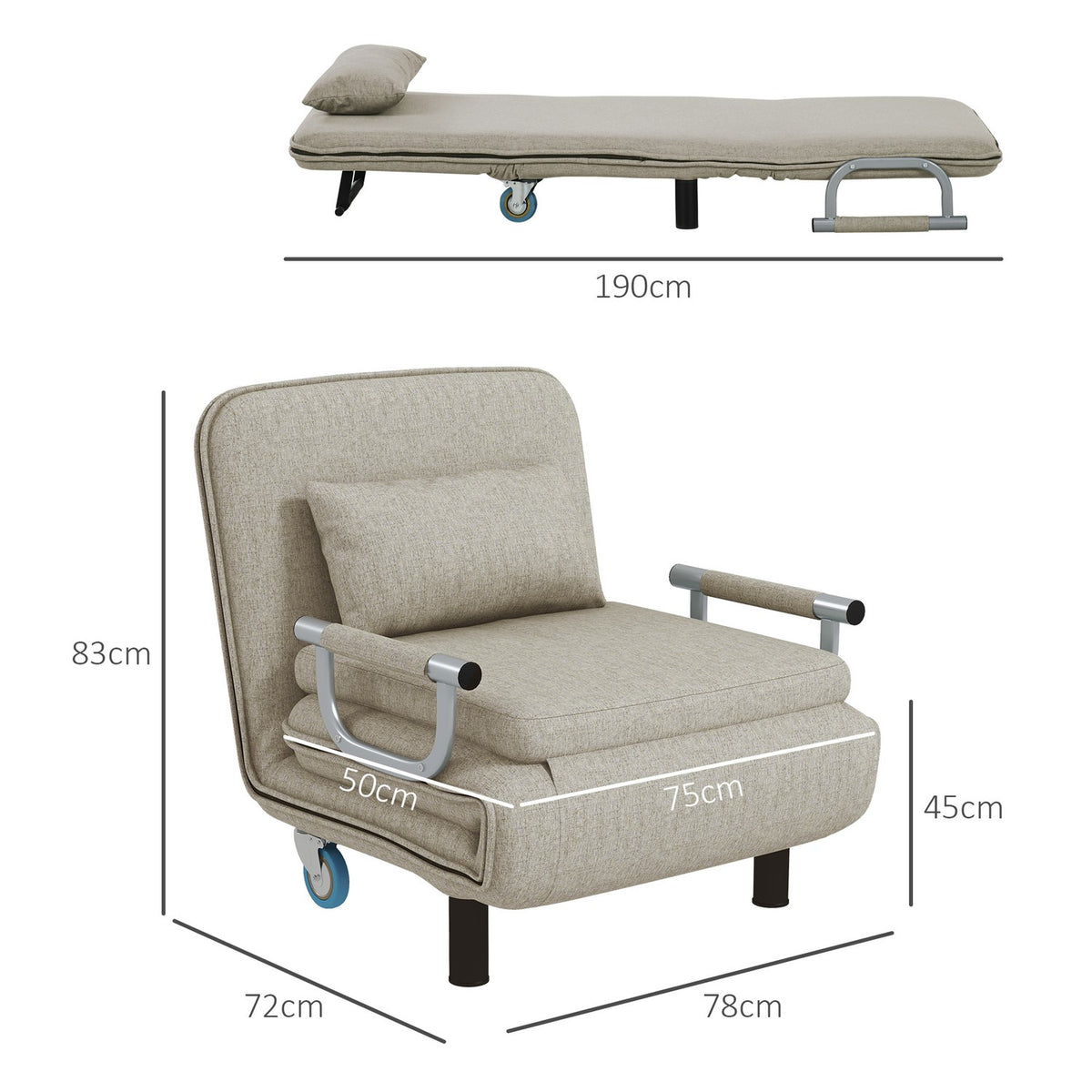 3 in 1 sleeping chair, sofa bed with bed function, folding chair with 3-level adjustable backrest, wheels, steel frame, 120kg load capacity, for living room, gray