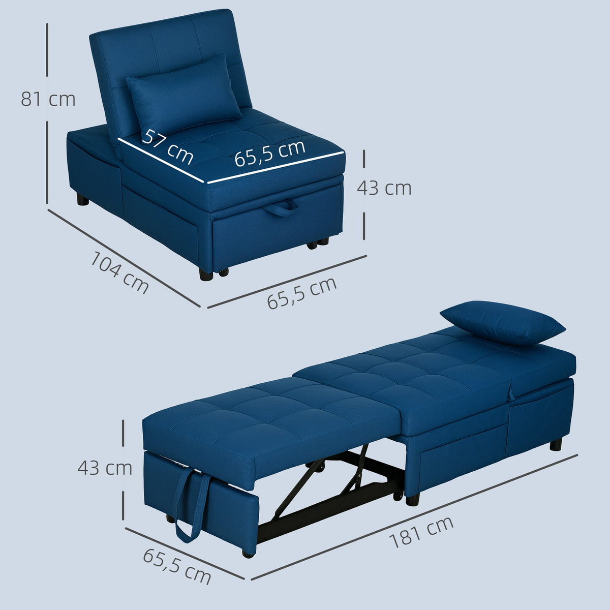 3-in-1 sofa bed with bed function, pull-out sofa bed, sleeping chair with side pocket, adjustable backrest, load capacity up to 150 kg, for living room, bedroom, blue