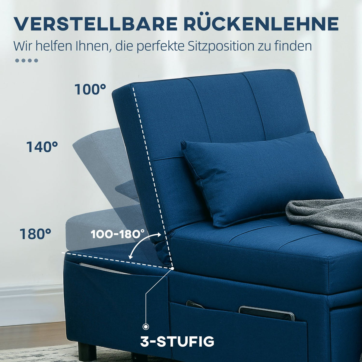 3-in-1 sofa bed with bed function, pull-out sofa bed, sleeping chair with side pocket, adjustable backrest, load capacity up to 150 kg, for living room, bedroom, blue