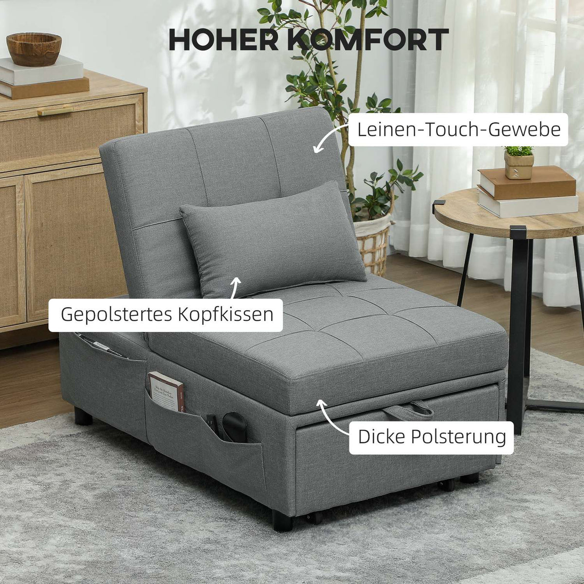 3-in-1 sofa bed with bed function, pull-out sofa bed, sleeping chair with side pocket, adjustable backrest, load capacity up to 150 kg, for living room, bedroom, light gray
