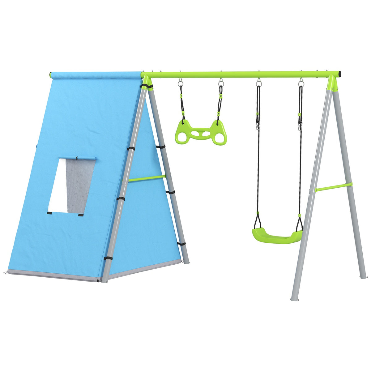 3 in 1 swing frame outdoor swing frame with play tent, swing and gymnastics rings, children's swing with metal frame, garden swing for children green