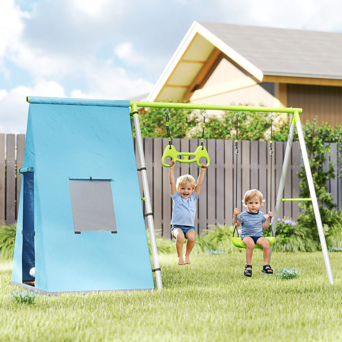 3 in 1 swing frame outdoor swing frame with play tent, swing and gymnastics rings, children's swing with metal frame, garden swing for children green