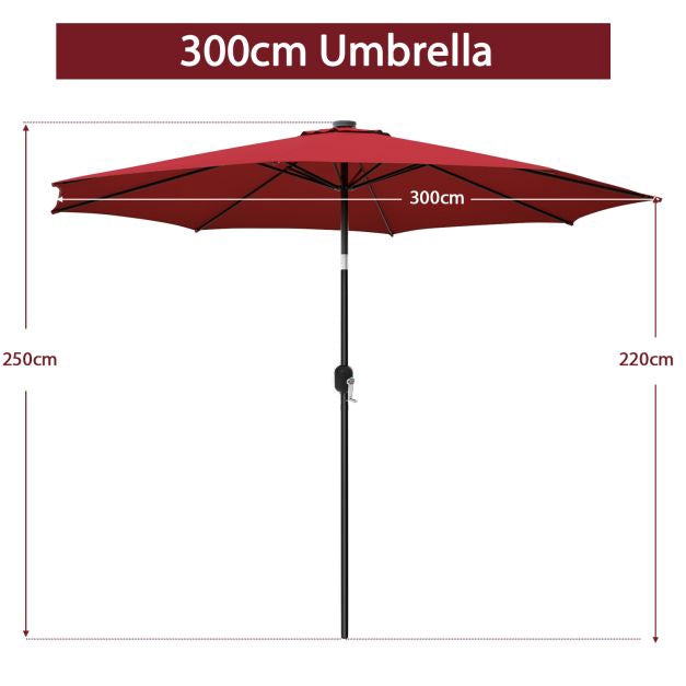 3m Patio Umbrella – Crank Handle, Push-Button Tilt, 8 Ribs