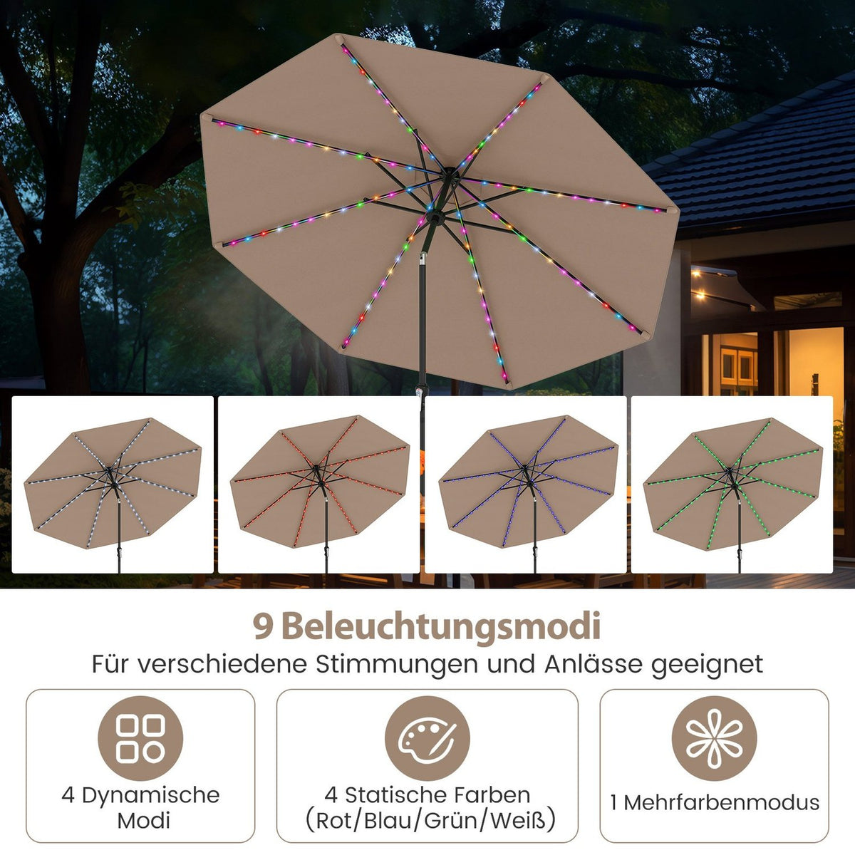 3m Patio Umbrella with Solar LED Lights, 9 Modes