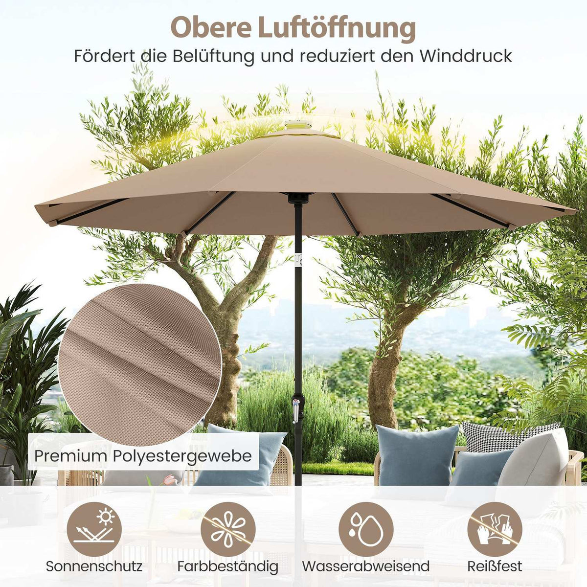 3m Patio Umbrella with Solar LED Lights, 9 Modes