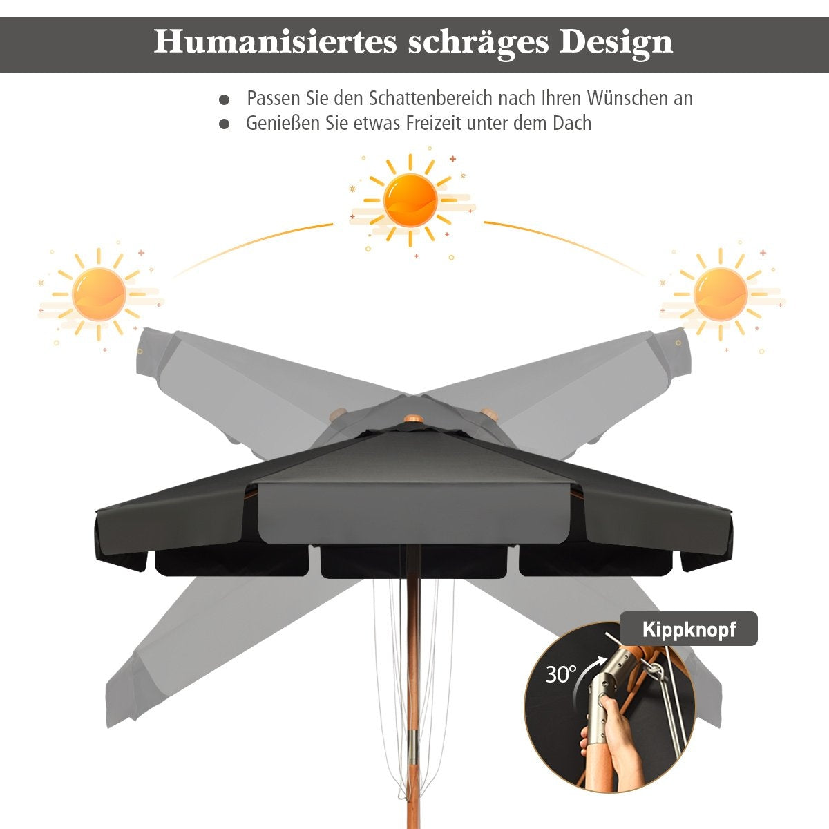 3m parasol with adjustable tilt angle, 8 crossbars & waterproof polyester fabric with UV protection, grey