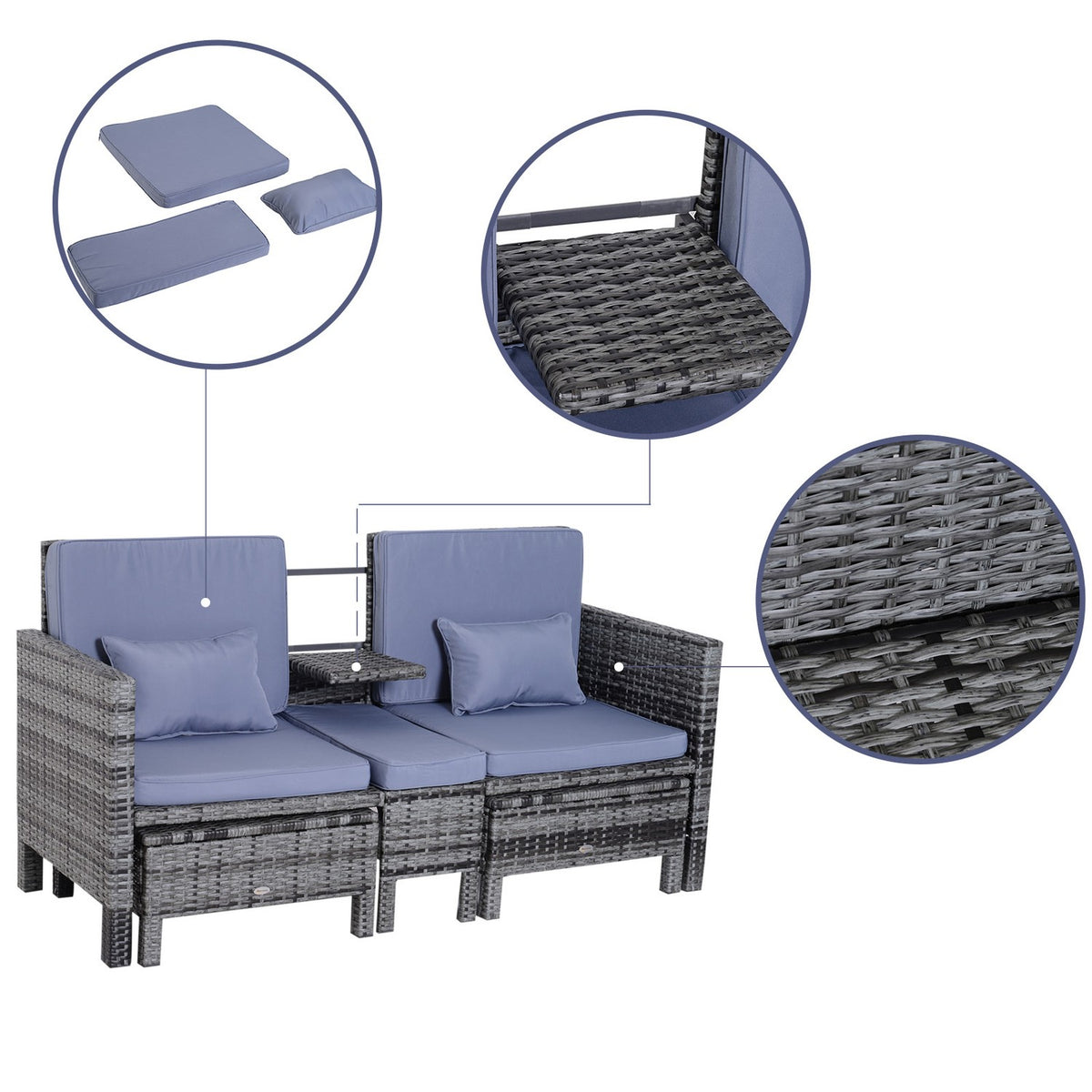3 pcs. Garden sofa garden furniture lounge garden set seating group rat furniture gray polyrattan + metal 2-seater sofa 2 x stool cushions