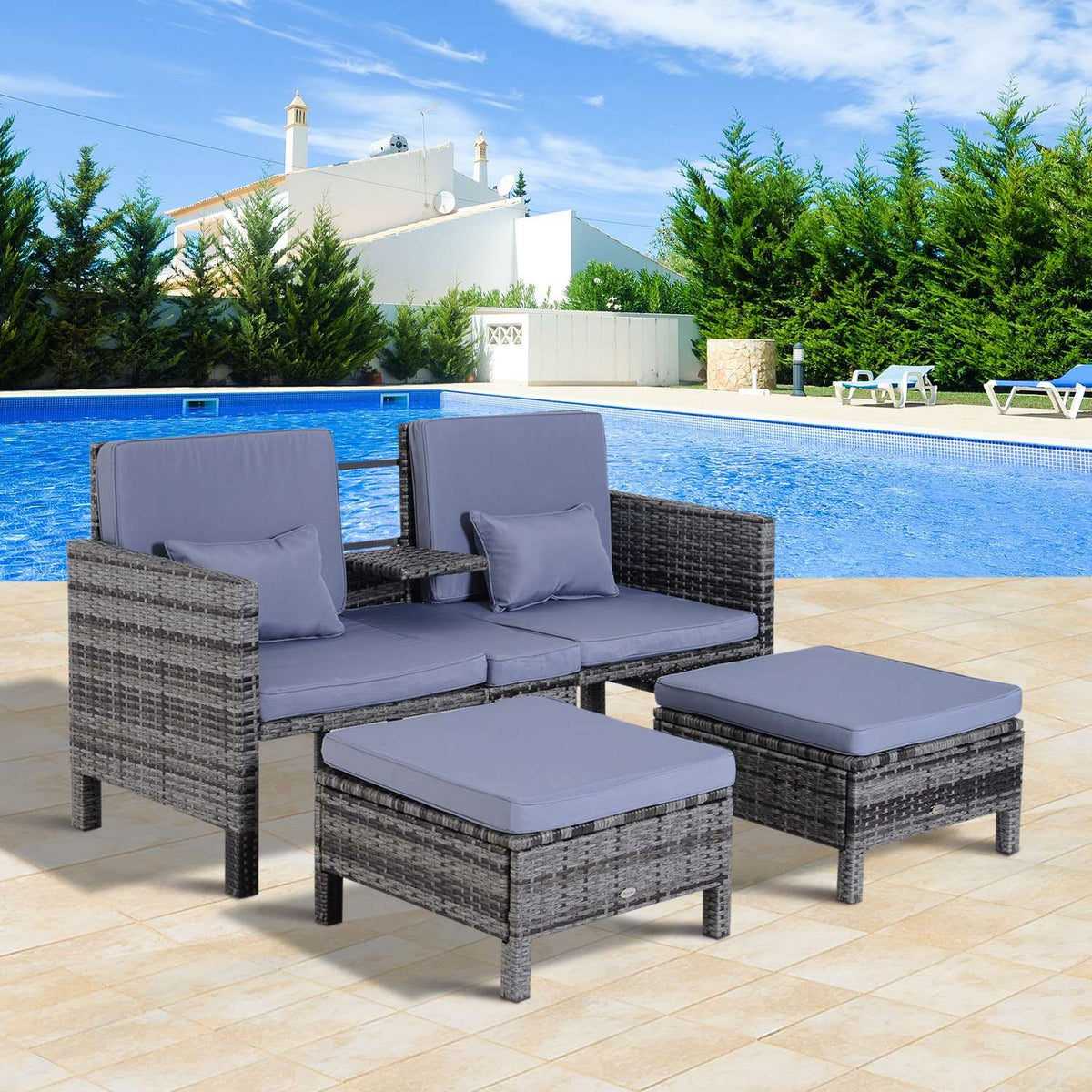3 pcs. Garden sofa garden furniture lounge garden set seating group rat furniture gray polyrattan + metal 2-seater sofa 2 x stool cushions