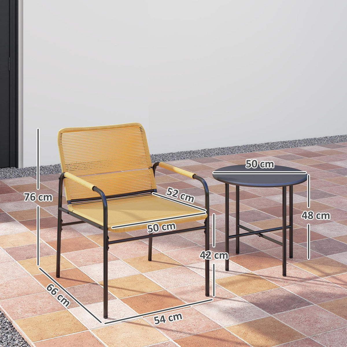 3 pcs. Rattan bistro set, seating group, garden set with 2 garden chairs, coffee table, balcony furniture set for garden, terrace, steel, yellow |