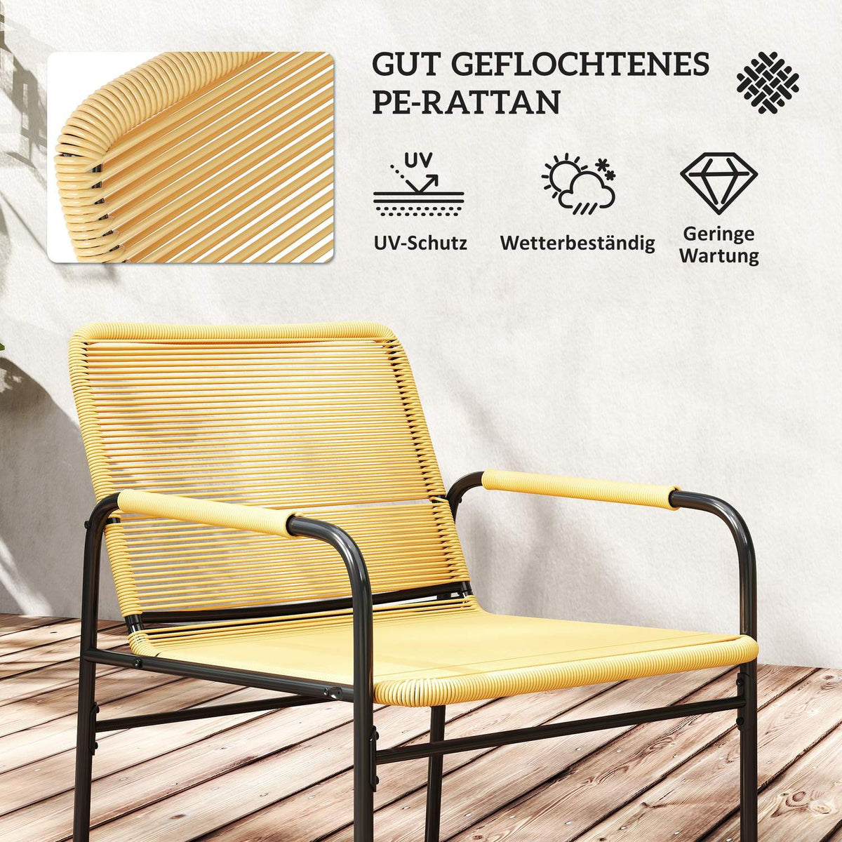 3 pcs. Rattan bistro set, seating group, garden set with 2 garden chairs, coffee table, balcony furniture set for garden, terrace, steel, yellow |