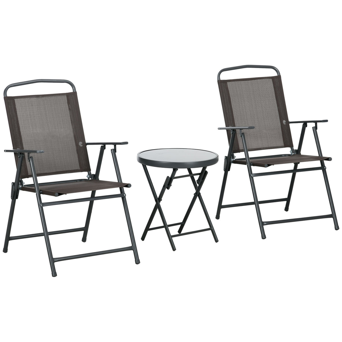 3-piece bistro set made of metal, weatherproof garden furniture set with folding glass table, garden chairs, outdoor balcony furniture set, seating group, balcony set, garden furniture, brown