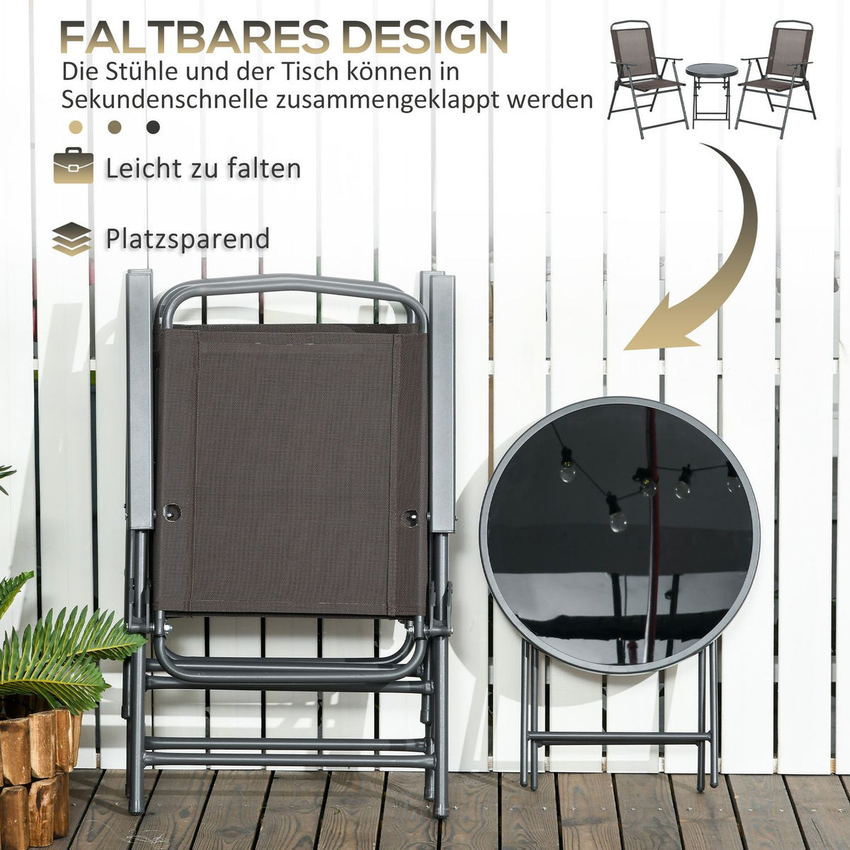 3-piece bistro set made of metal, weatherproof garden furniture set with folding glass table, garden chairs, outdoor balcony furniture set, seating group, balcony set, garden furniture, brown