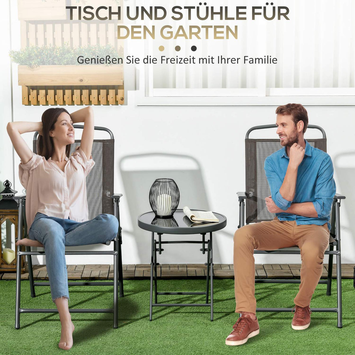 3-piece bistro set made of metal, weatherproof garden furniture set with folding glass table, garden chairs, outdoor balcony furniture set, seating group, balcony set, garden furniture, brown