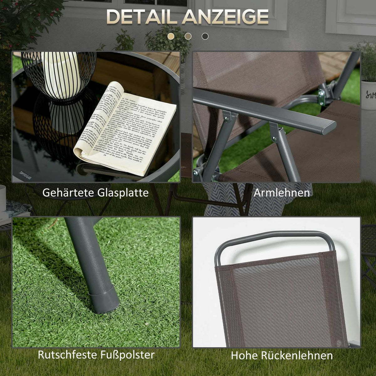 3-piece bistro set made of metal, weatherproof garden furniture set with folding glass table, garden chairs, outdoor balcony furniture set, seating group, balcony set, garden furniture, brown