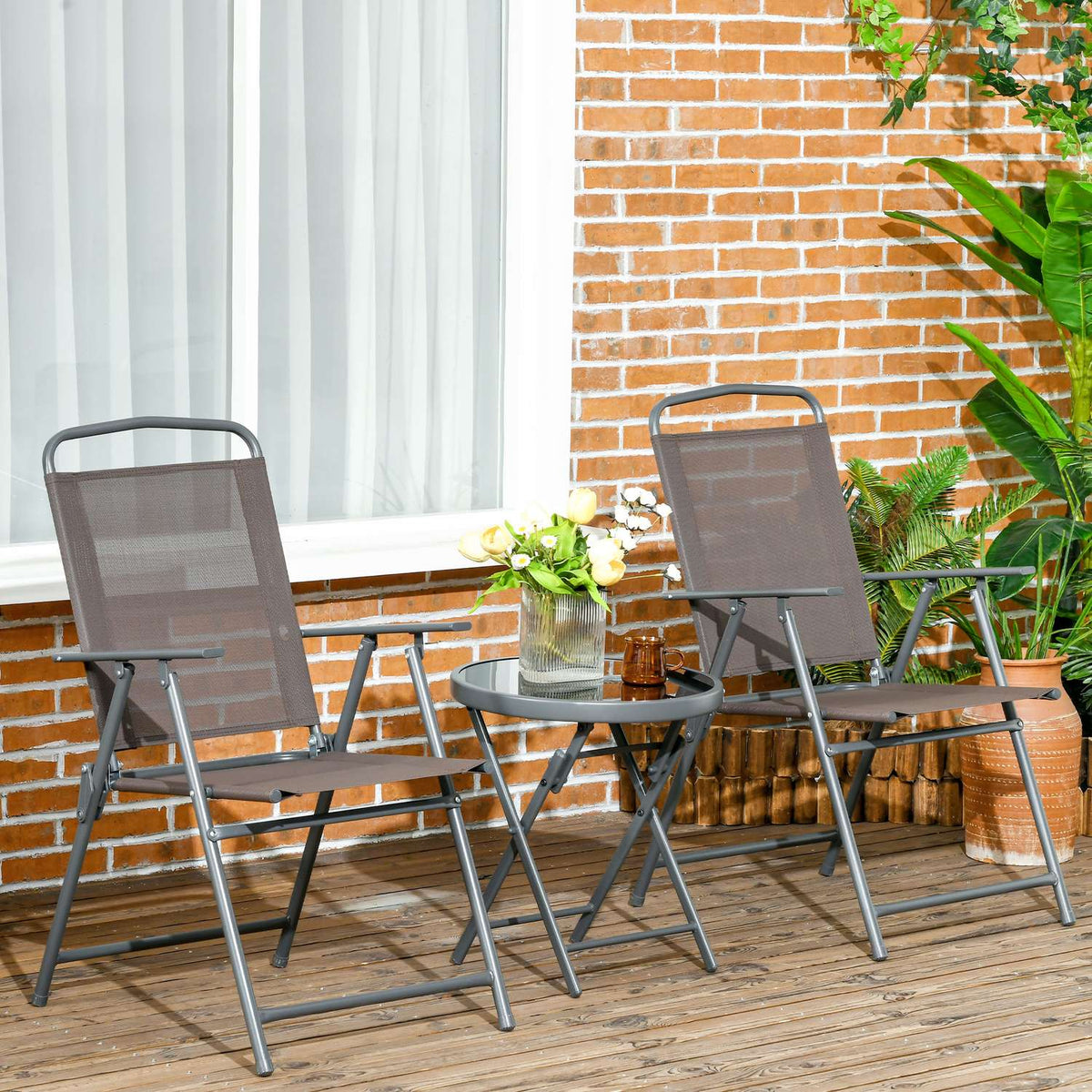 3-piece bistro set made of metal, weatherproof garden furniture set with folding glass table, garden chairs, outdoor balcony furniture set, seating group, balcony set, garden furniture, brown