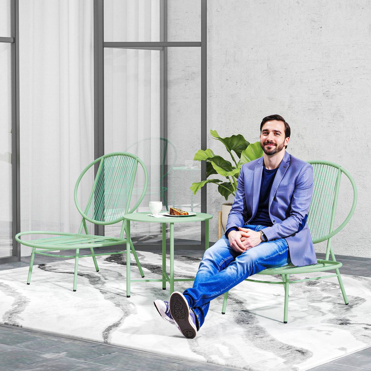 3-piece bistro set made of steel, weatherproof garden furniture set with bistro table, ergonomic shell-shaped garden chairs, outdoor balcony furniture set, seating group, balcony set, garden set, green