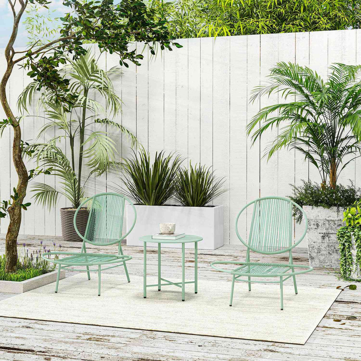 3-piece bistro set made of steel, weatherproof garden furniture set with bistro table, ergonomic shell-shaped garden chairs, outdoor balcony furniture set, seating group, balcony set, garden set, green