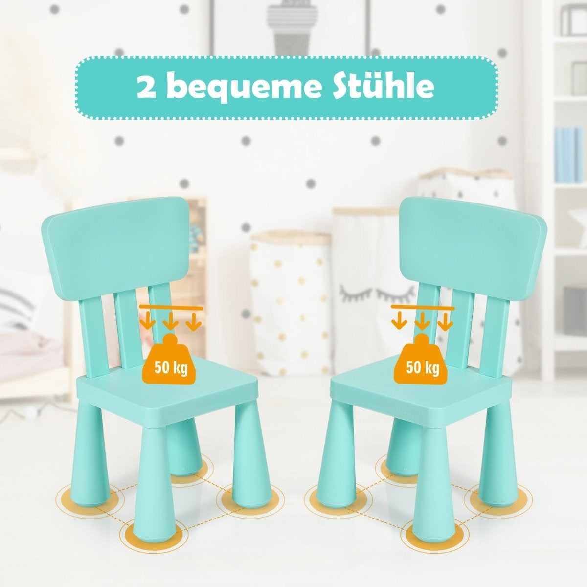3-piece children's seating group, children's table with 2 chairs, children's furniture made of plastic, green