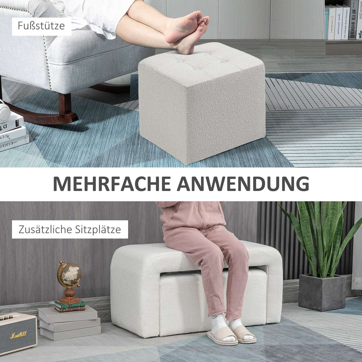 3-piece footstool, ottoman with 3 stools, footrest, upholstered stool for living room, bedroom, white