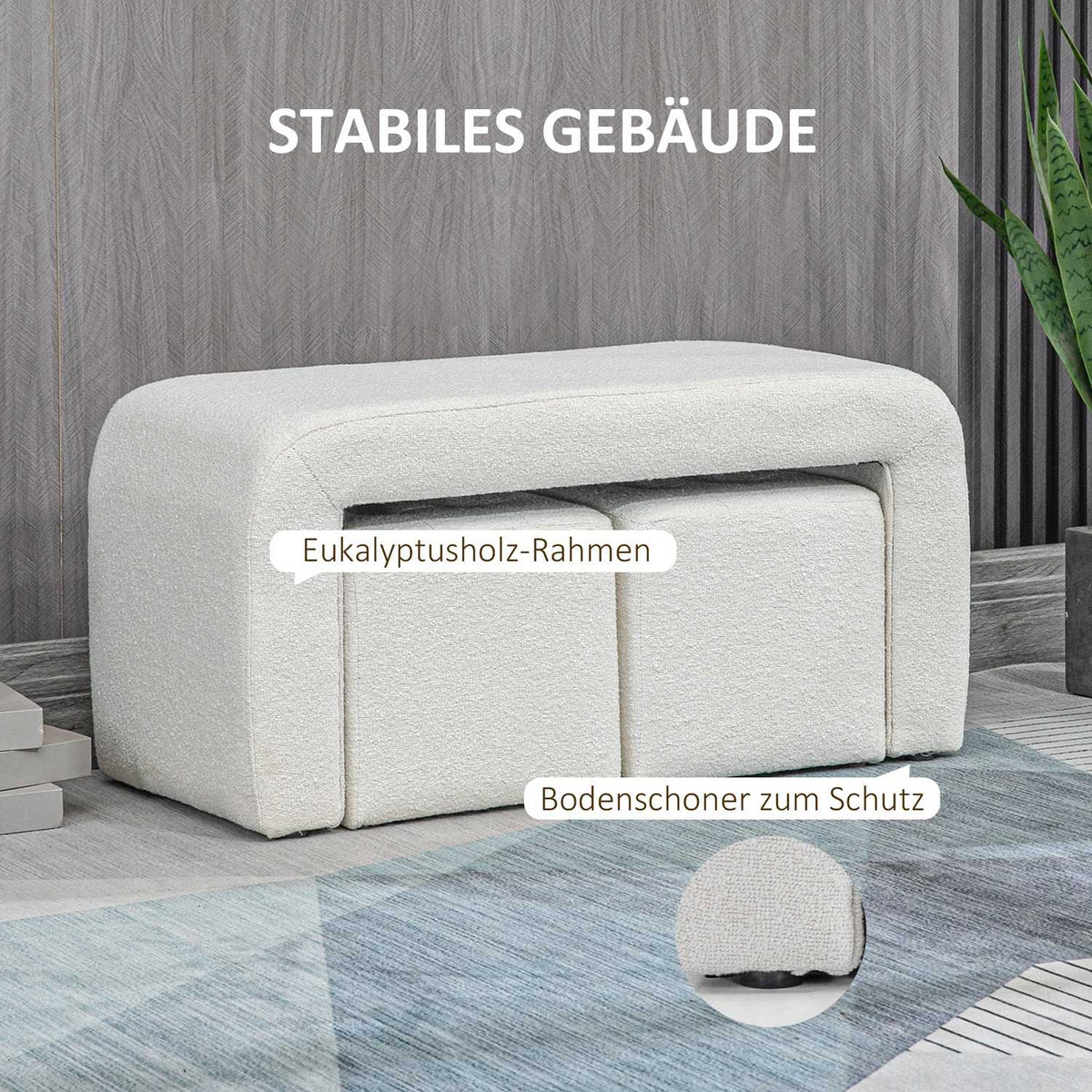 3-piece footstool, ottoman with 3 stools, footrest, upholstered stool for living room, bedroom, white