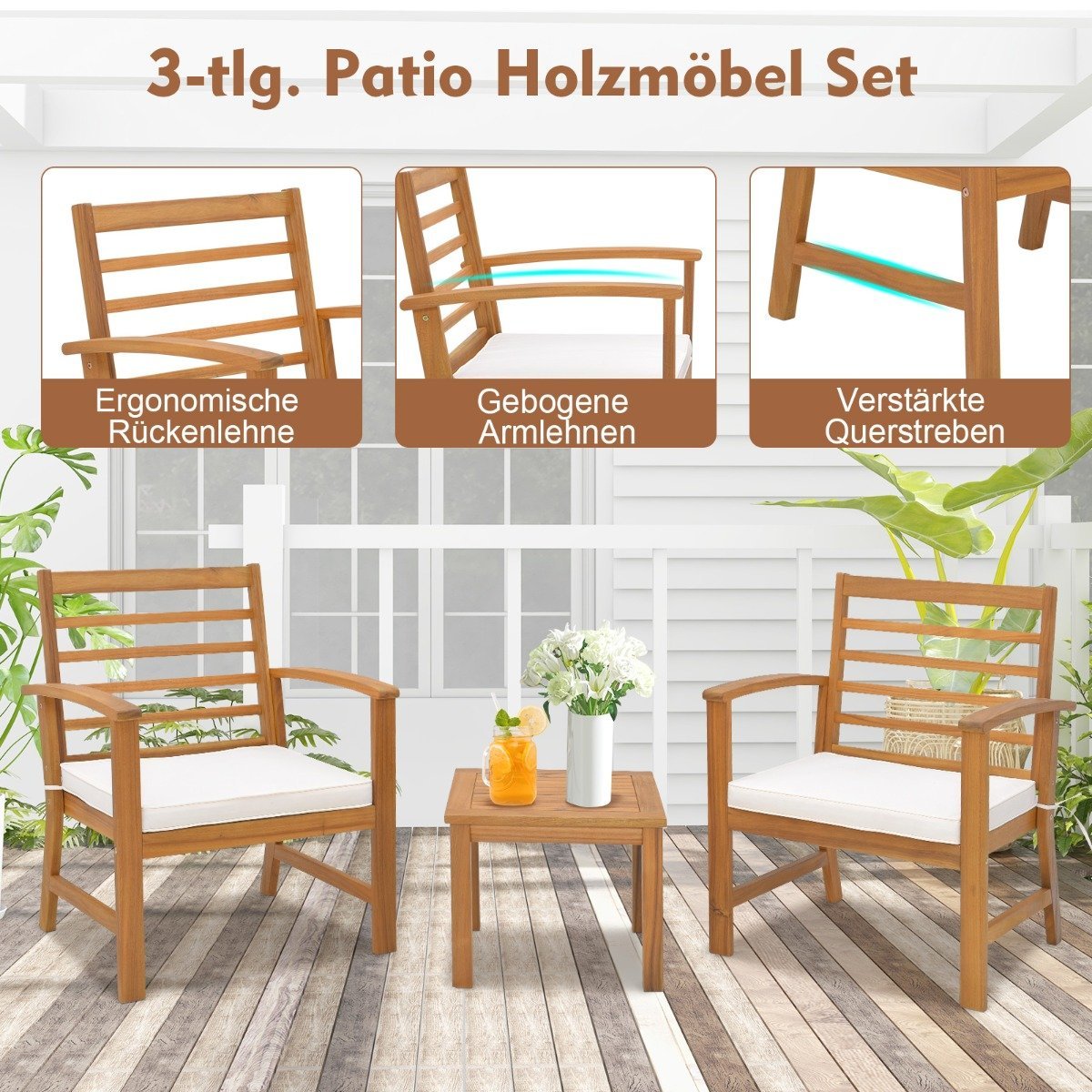 3-piece garden furniture set made of acacia wood with soft seat cushions and sturdy acacia wood frame