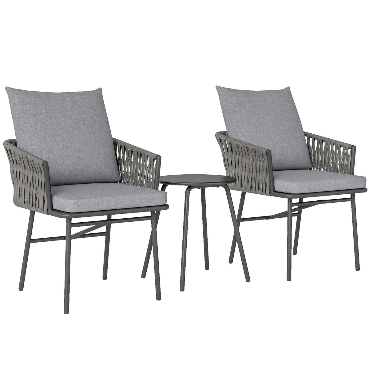3-piece outdoor furniture set, 2 chairs, 1 table, bistro set, artificial rattan, steel frame, metal table, 4 cushions, grey